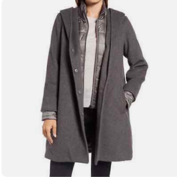 Gallery Hooded Wool Blend Coat Quilted Bib Grey Melange Size Large - Picture 1 of 14